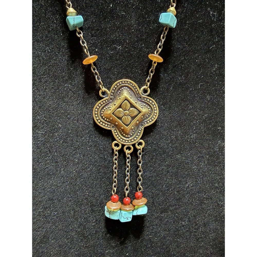Vintage Avenue Faux TURQUOISE CORAL AMBER Brass Look PENDANT Dangle Necklace